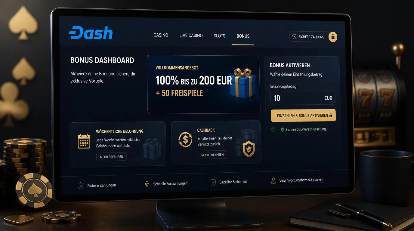 Casino-Bonusbereich mit Willkommensangebot, Freispielen und Mindesteinzahlung von 10 Euro