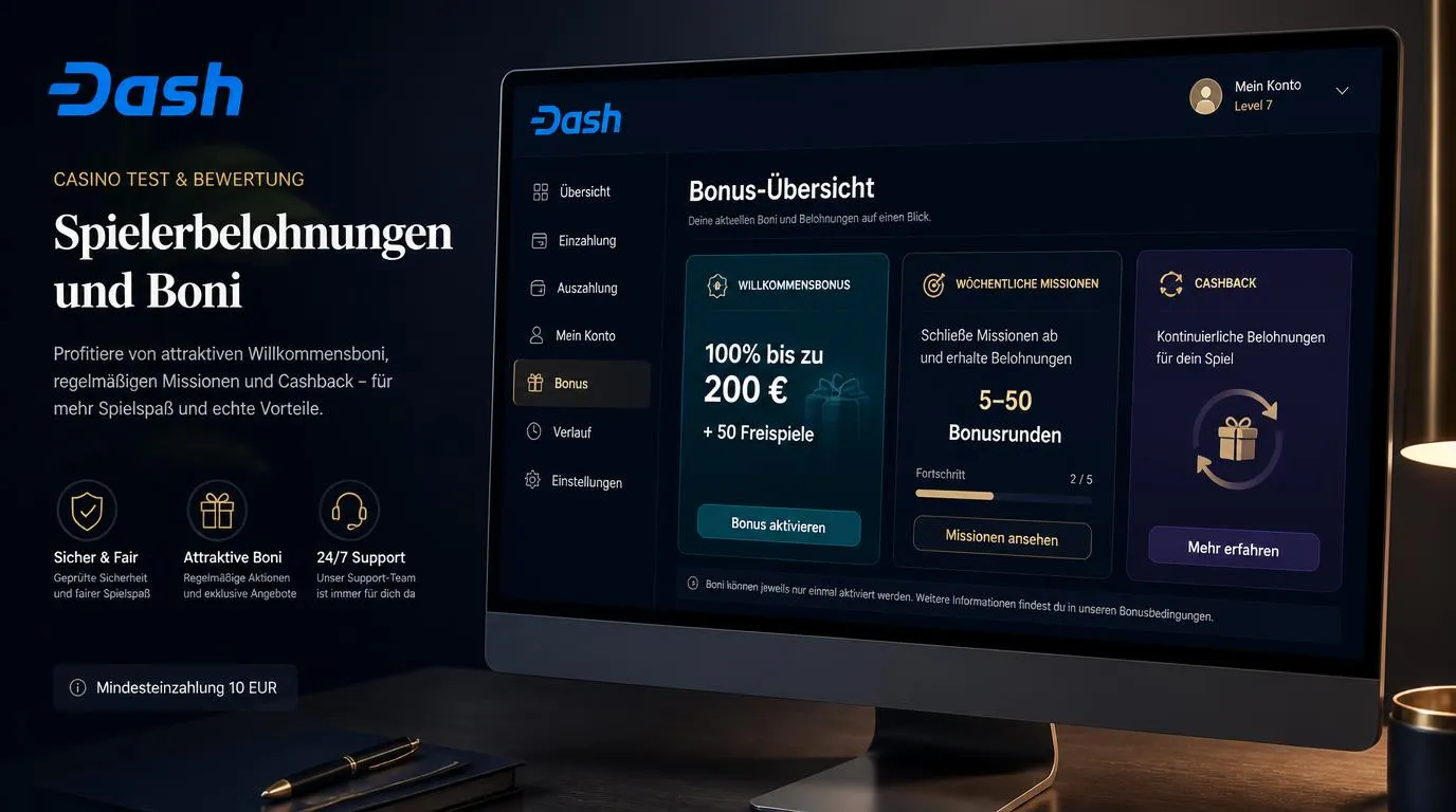 Bonusübersicht eines Online-Casinos mit Willkommensangebot, Freispielen und wöchentlichen Missionen