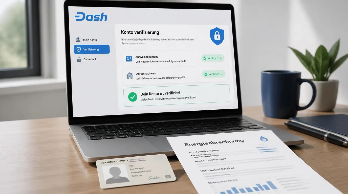 Ausweis und Adressnachweis neben einer sicheren Konto-Verifizierung auf einem Laptop