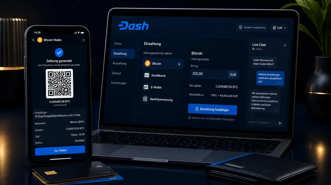 Smartphone mit Bitcoin-Wallet neben sicherer Casino-Zahlungsübersicht und Live-Chat