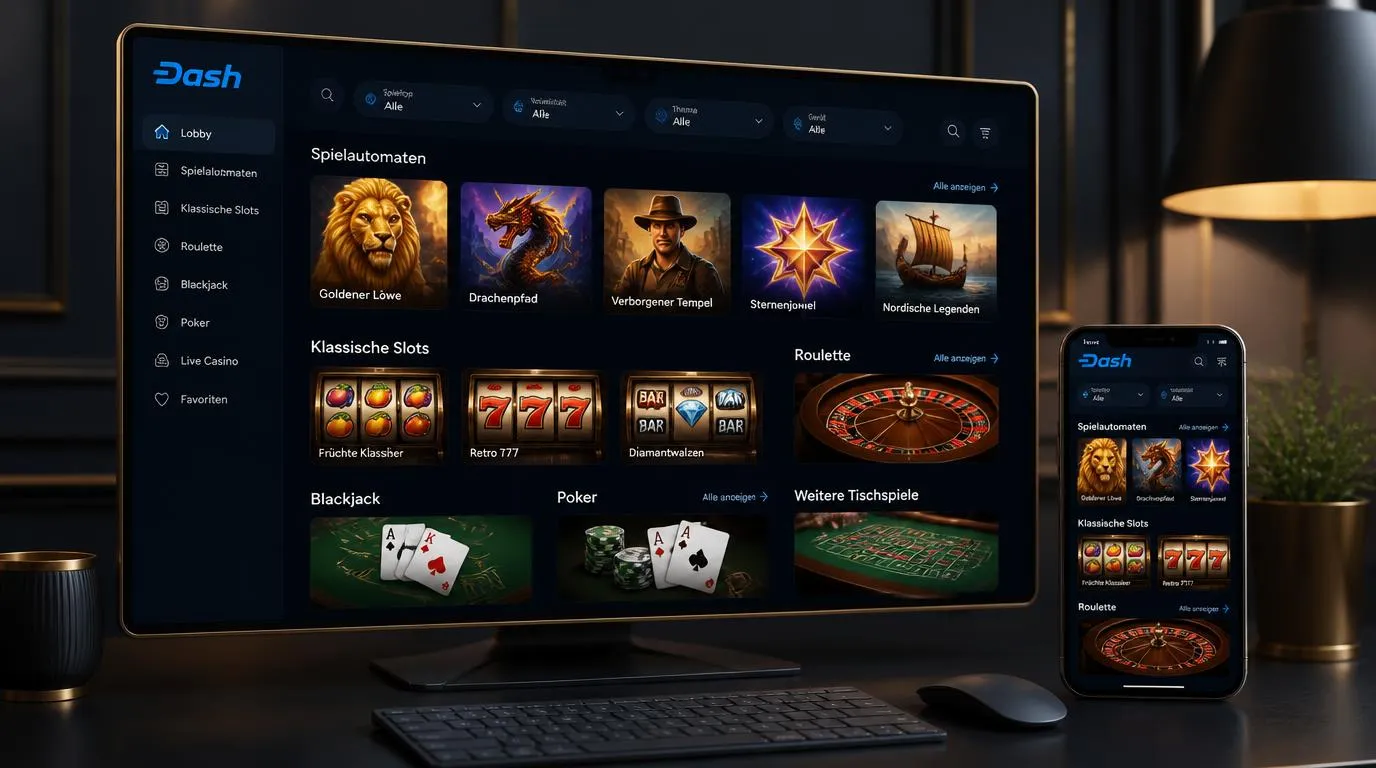 Casino-Lobby mit Slots, Roulette, Blackjack und übersichtlichen Spielkategorien auf einem Bildschirm