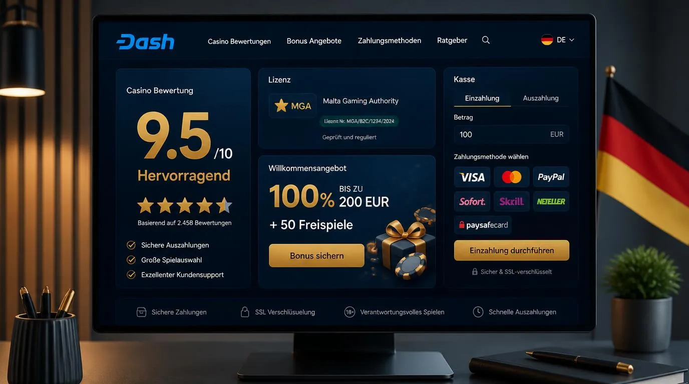 Casino-Bewertung mit 9,5 Punkten, MGA-Lizenzhinweis und Willkommensbonus im klaren Kassenbereich