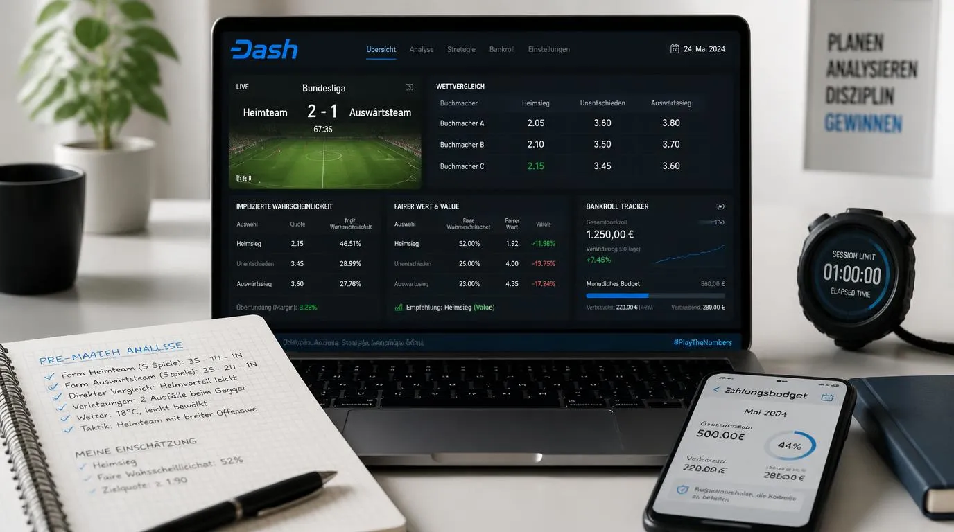Sportwetten-Analyse mit Quotenvergleich, Einsatzplan und Live-Spielstatistiken auf einem Bildschirm