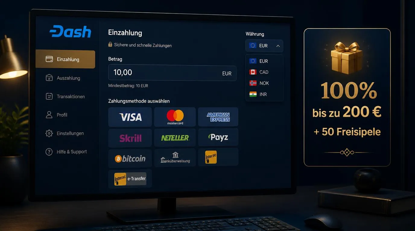 Casino-Kassenbereich mit Einzahlungslimit von 10 EUR und Auswahl an Karten, E-Wallets und Bitcoin