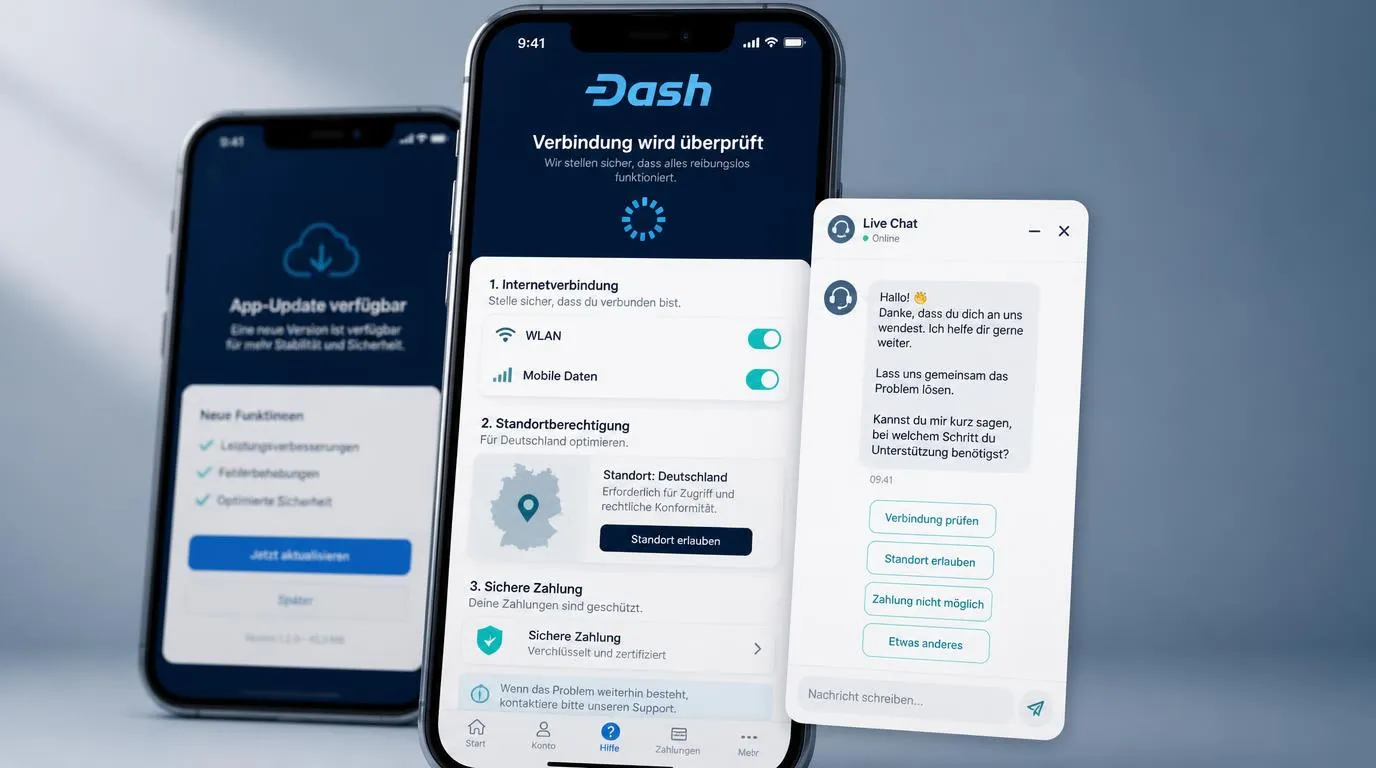 Smartphone mit Casino-App, Ladeanzeige, Standortfreigabe und aktivem Support-Chat