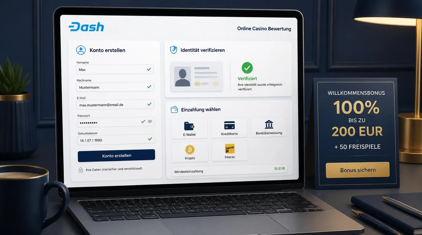 Kontoeröffnung mit Ausweisprüfung und Auswahl einer Einzahlungsmethode im Online-Casino
