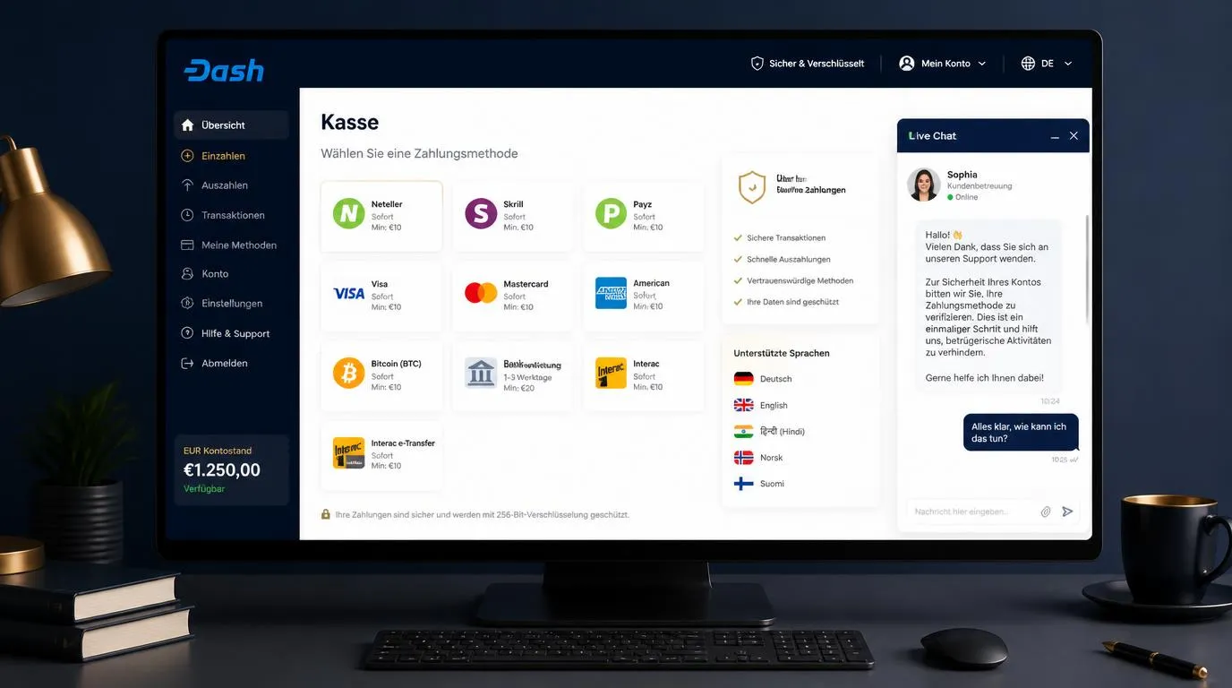 Casino-Kassenbereich mit Euro-Zahlung, E-Wallets, Kreditkarten und Live-Chat-Support