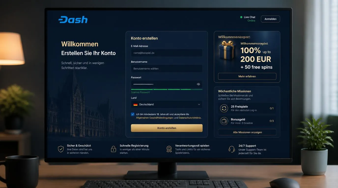 Registrierungsformular eines Online-Casinos mit Willkommensbonus, Kontoeinstellungen und aktivem Live-Chat