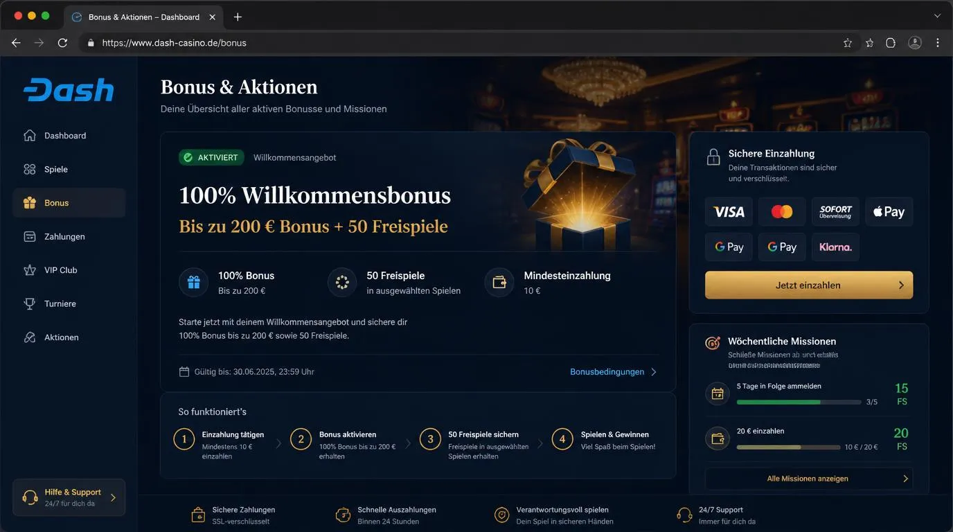 Bonusbereich eines Online-Casinos mit aktivierter Willkommensprämie, Einzahlung und Freispielen