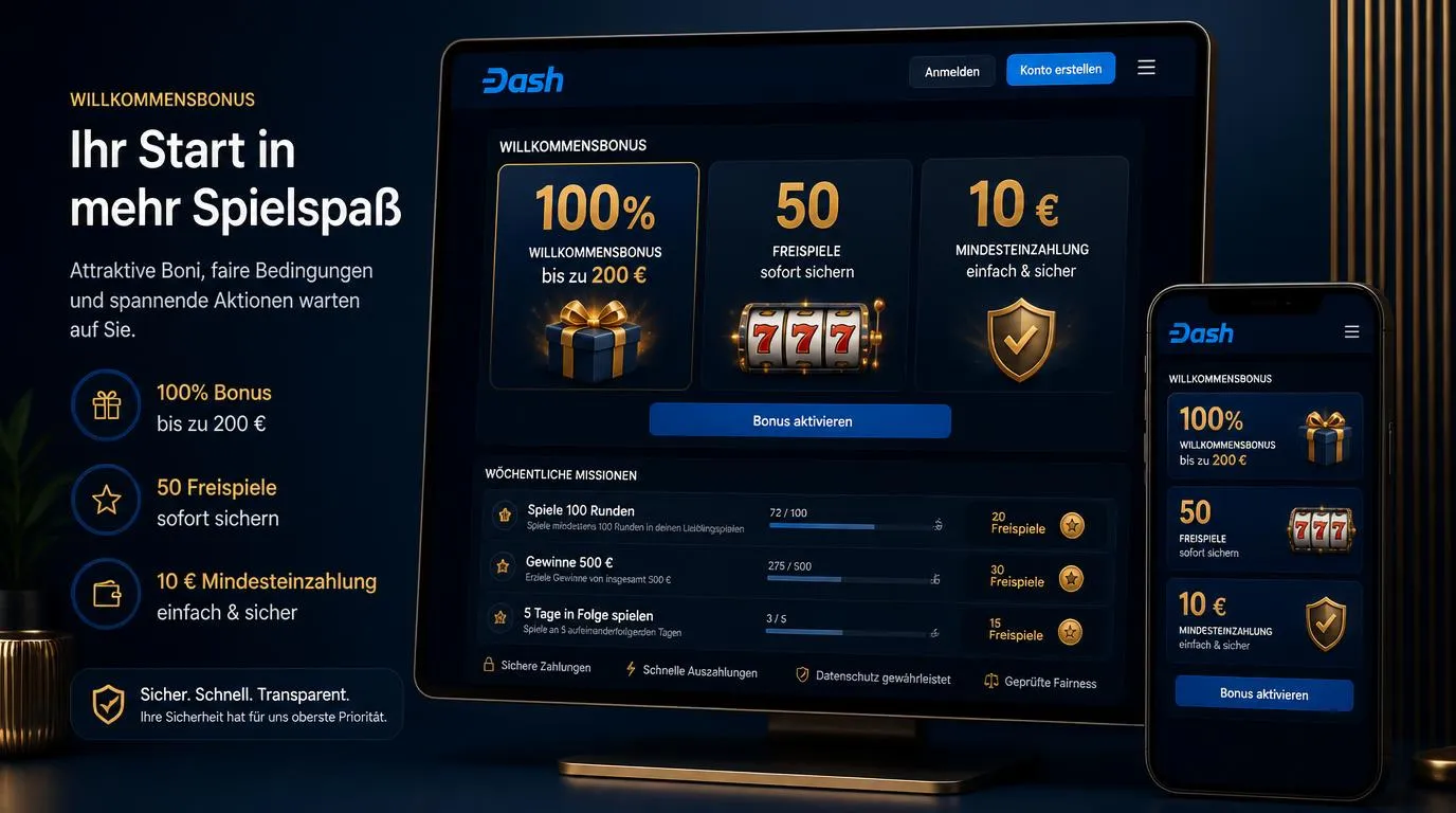 Bonusbereich eines Online-Casinos mit 100-Prozent-Angebot, 200 Euro Guthaben und 50 Freispielen